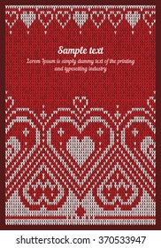 Vector greeting card of knitted pattern with hearts. Festive postcard with scandinavian, norwegian and slavic embroidered yellow hearts on red background 1.2