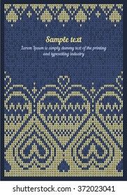 Vector greeting card of knitted pattern with hearts. Festive postcard with scandinavian, norwegian and slavic embroidered yellow hearts on blue background 4.1