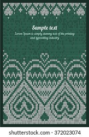 Vector greeting card of knitted pattern with hearts. Festive postcard with scandinavian, norwegian and slavic embroidered white hearts on green background 6.1