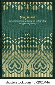 Vector greeting card of knitted pattern with hearts. Festive postcard with scandinavian, norwegian and slavic embroidered yellow hearts on green background 7.1