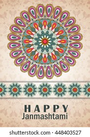Tarjeta de saludo vectorial a Krishna Janmashtami. Enhorabuena por los antecedentes con texto y patrones de mandalas