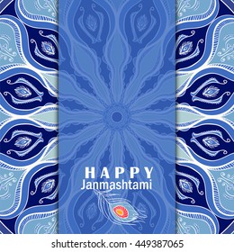 Vector greeting card to Krishna Janmashtami. Congratulation's background with text, peacock feather and mandalas patterns