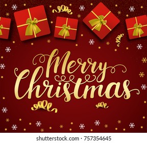 Vector greeting card with lettering and box gifts with gold bows. Merry Christmas