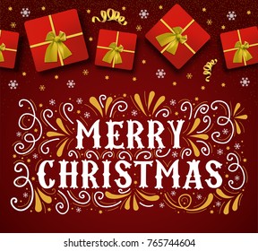 Vector greeting card with lettering and box gifts with gold bows. Merry Christmas
