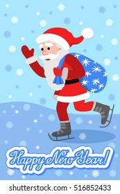 Vector greeting card with lettering congratulation and flat style Santa Claus on ice skates.