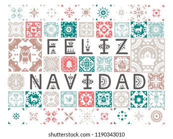 Vector greeting card with lettering Feliz Navidad (Merry Christmas, Spanish) with patterns.