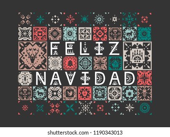 Vector greeting card with lettering Feliz Navidad (Merry Christmas, Spanish) with patterns on a black background.