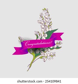 Vector greeting card with lilies of the valley and a ribbon that says congratulations.
