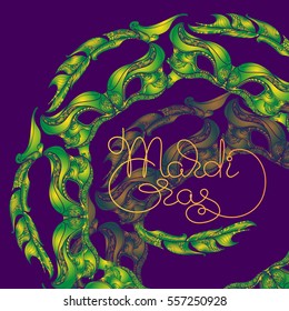 Vector Greeting card with line carnival mask, feather and handwritten word Mardi Gras on a dark violet background. Traditional festive pattern. Decoration element in doodle style.