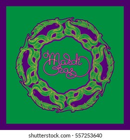 Vector Greeting card with line carnival mask, feather and handwritten word Mardi Gras on a dark violet background. Traditional festive round pattern. Decoration element in doodle style.