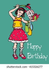 Vector greeting card of a little girl with many gifts. Happy Birthday