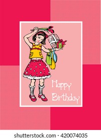 Vector greeting card of a little girl with many gifts. Happy Birthday.
