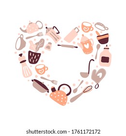 Vector greeting card love frame with place for text for food blog kitchen in the shape of a heart. Cute design cooking scandinavian element for restaurant, cafe menu banner, poster.