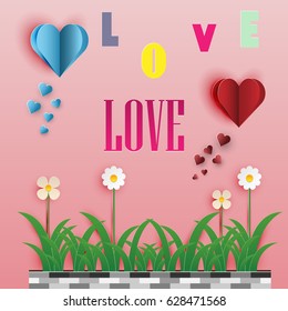 Vector Greeting card of love and Valentine's Day. Heart shape flowers on the grass ,paper art style.