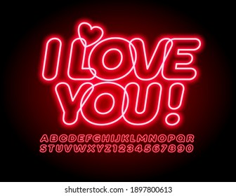 Tarjeta de saludo vectorial I Love You! Neon brillando Font. Juego de letras y números de alfabeto rojo iluminado