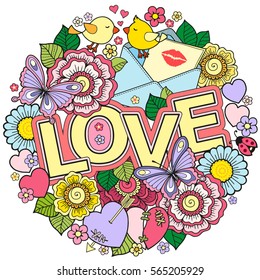 Vector Greeting card for lovers, honeymoon, wedding invitations, Valentine's Day round shape. Abstract floral background with cute kissing birds, delicate butterflies and envelope with kisses.