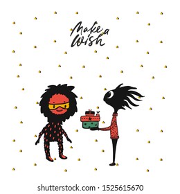 Vector greeting card with "Make a wish" inscription. Can be used for cards, flyers, posters, t-shirts. hand drawn style