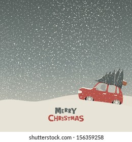 Vector greeting card with a man carries home a Christmas tree on car roof in a snowy day