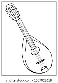 Vector greeting card with mandolin. Cartoon monochrome isolated objects on a white background. Linear hand drawn illustration.
