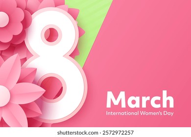 Vector greeting card for March 8 - International Women's Day. Large number 8 surrounded by flowers in paper cut 3D style. Ideal for poster, social media, invitation. Vector illustration.