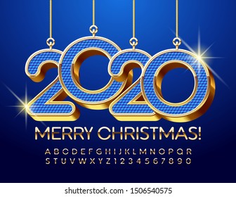 Tarjeta de felicitación vectorial para Feliz Navidad con Juguetes Blue y Golden Brillo 2020. Lujo Golden Font.