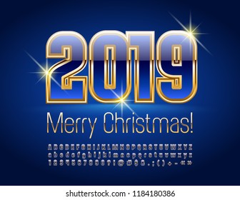 Vector Greeting Card Merry Christmas 2019 with Luxury Font. Blue and Golden Alphabet Letters, Numbers and Symbols.