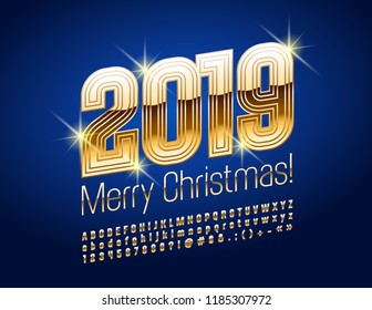 Tarjeta de felicitación vectorial Feliz Navidad 2019 con fuente dorada. Letras, números y símbolos de lujo de alfabeto.