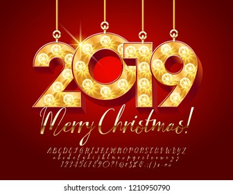 Vector Greeting Card for Merry Christmas with Golden Glowing Lamp Toys 2019. Stylish Calligraphic Font.