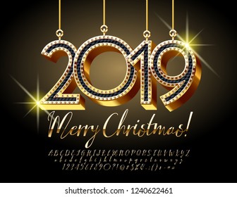 Vector Greeting Card for Merry Christmas with Luxury Brilliant Toys 2019. Golden Caligraphic Font.