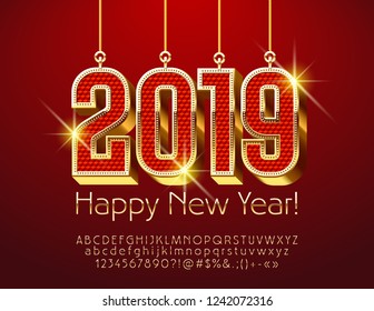 Vector Greeting Card for Merry Christmas with Red and Golden shine Toys 2019. Elegant slim Font.