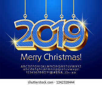 Vector Greeting Card for Merry Christmas with stylish Toys 2019. Golden and Blue chic Font.