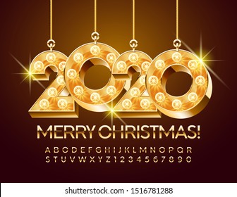Vector Greeting Card Merry Christmas with Golden Glowing Lamp Toys 2020. cChic Alphabet Letters and Numbers.  Stylish slim Font.