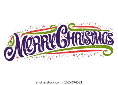 Vector greeting card for Merry Christmas, template with curly calligraphic font with flourishes, swirl design elements, stars and swirly elegant lettering for words merry christmas on white background