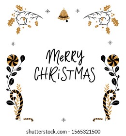 Vector greeting card Merry Christmas lettering, mistletoe , decorative elements isolated on white background