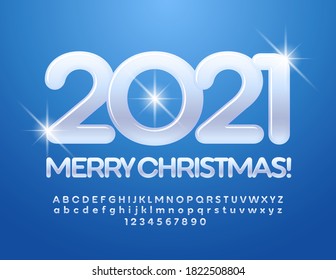 Vektor Grußkarte Frohe Weihnachten 2021! Schneeweiße Schriftart. Modernes Alphabet-Alphabet-Letters- und -Nummernset