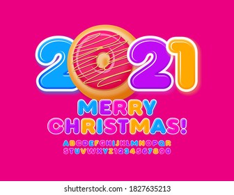 
Vector greeting card Merry Christmas 2021! Colorful Kids Font.  Bright  Alphabet Letters and Numbers set