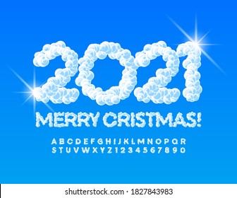 Vector greeting card Merry Christmas 2021! Cloud Sky Font. Creative Snowy Alphabet Letters and Numbers set
