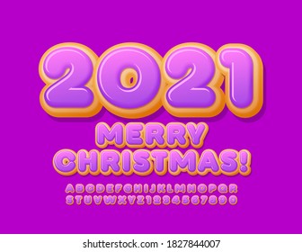 Vector greeting card Merry Christmas 2021! Violet festive Font. Sweet Donut Alphabet Letters and Numbers set