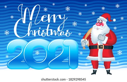 Vector greeting card Merry Christmas 2021! Funny invitation with cute Santa Claus