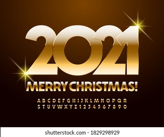 Vector Greeting Card Merry Christmas 2021. Gold metallic Font. Luxury Alphabet Letters and Numbers