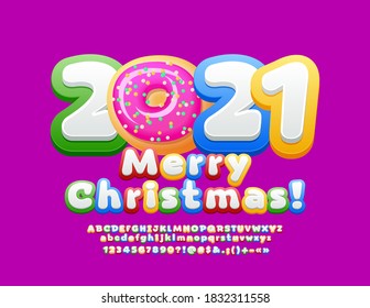Vector greeting card Merry Christmas 2021 with sweet Donut. Kids style Font. Colorful playful Alphabet Letters and Numbers set