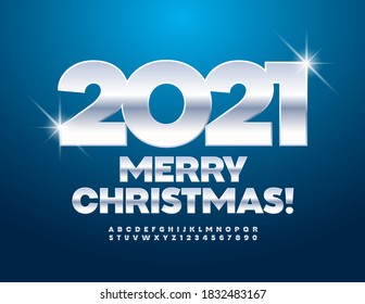 Vector greeting card Merry Christmas 2021! Silver luxury Font. White metal reflective Alphabet Letters and Numbers set