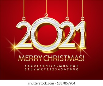 Vector greeting card Merry Christmas with decorative toy 2021! Chic elegant Font. Golden Alphabet Letters and Numbers set