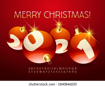 Vector greeting card Merry Christmas 2021 with decorative ball toys.  Elegant shiny Font. Gold Alphabet Letters and Numbers set