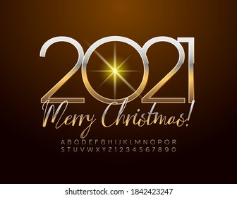 Vector greeting card Merry Christmas 2021! Stylish shiny Font. Golden Alphabet Letters and Numbers set