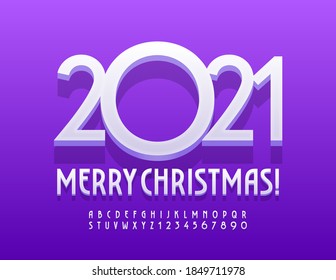 Vector greeting card Merry Christmas 2021! Trendy White Font. Stylish Alphabet Letters and Numbers set
