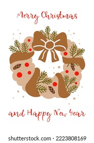 Vector Greeting Card Merry Christmas And Happy New Year With A Cute Christmas Wreath. Christmas Decor