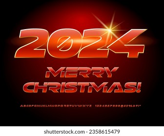 Vector greeting card Merry Christmas 2024! Digital Red and Gold Font. Techno style Alphabet Letters and Numbers set