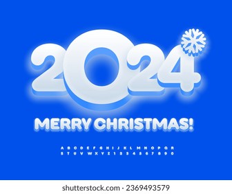 Tarjeta de felicitación vectorial ¡Feliz Navidad 2024! Tipo de letra de nieve. Estilo luminoso blanco Alfabeto Letras y números establecidos