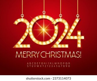 Vector Greeting Card Merry Christmas with lamp toys 2024! Luxury thin Font. Gold Alphabet Letters and Numbers